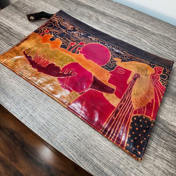 Vintage Scored Patent Leather Egyptian Motif Nile Landscape Design Zippered 80s - Picture 1 of 5